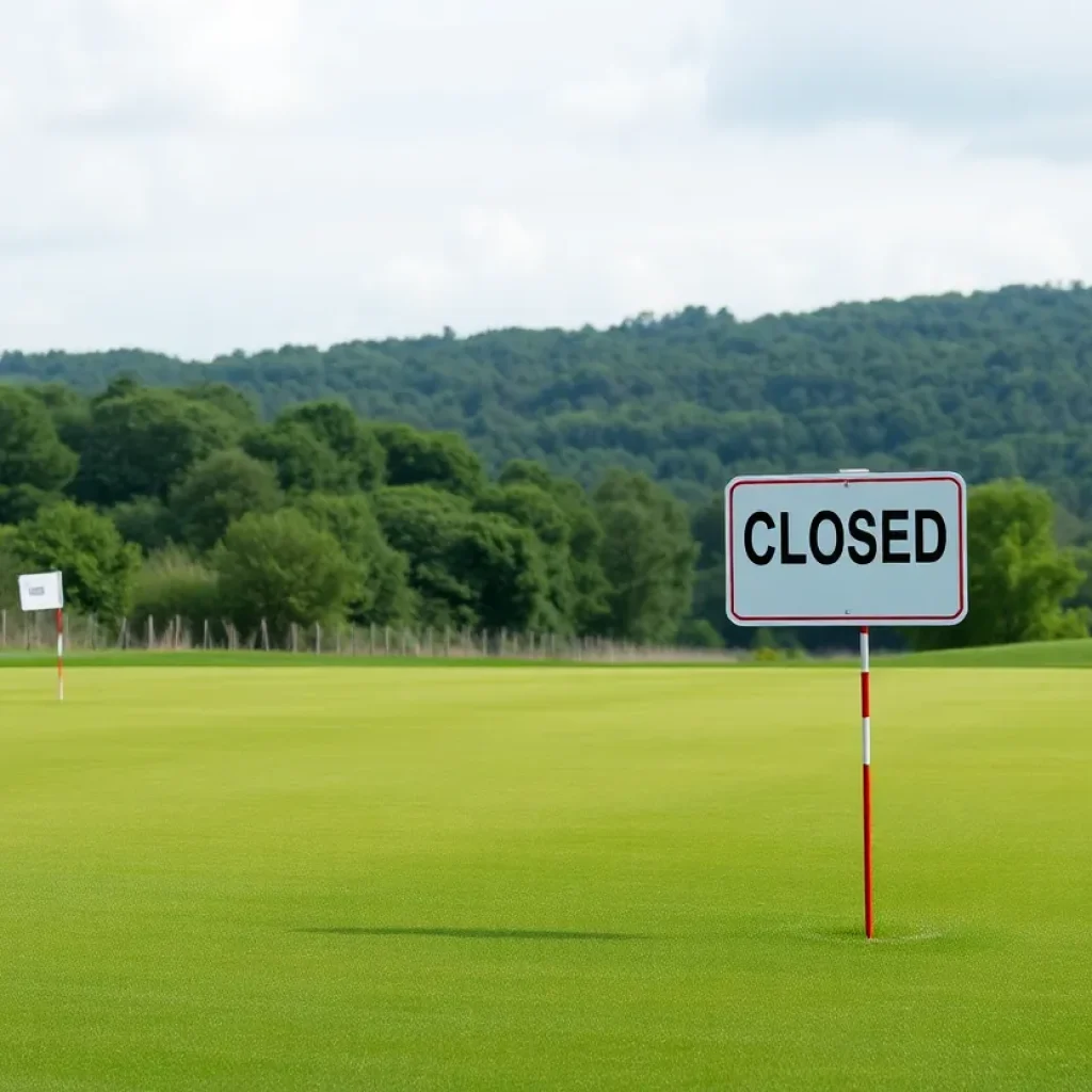 The 18th hole at Holyhead Golf Club with a closed sign.