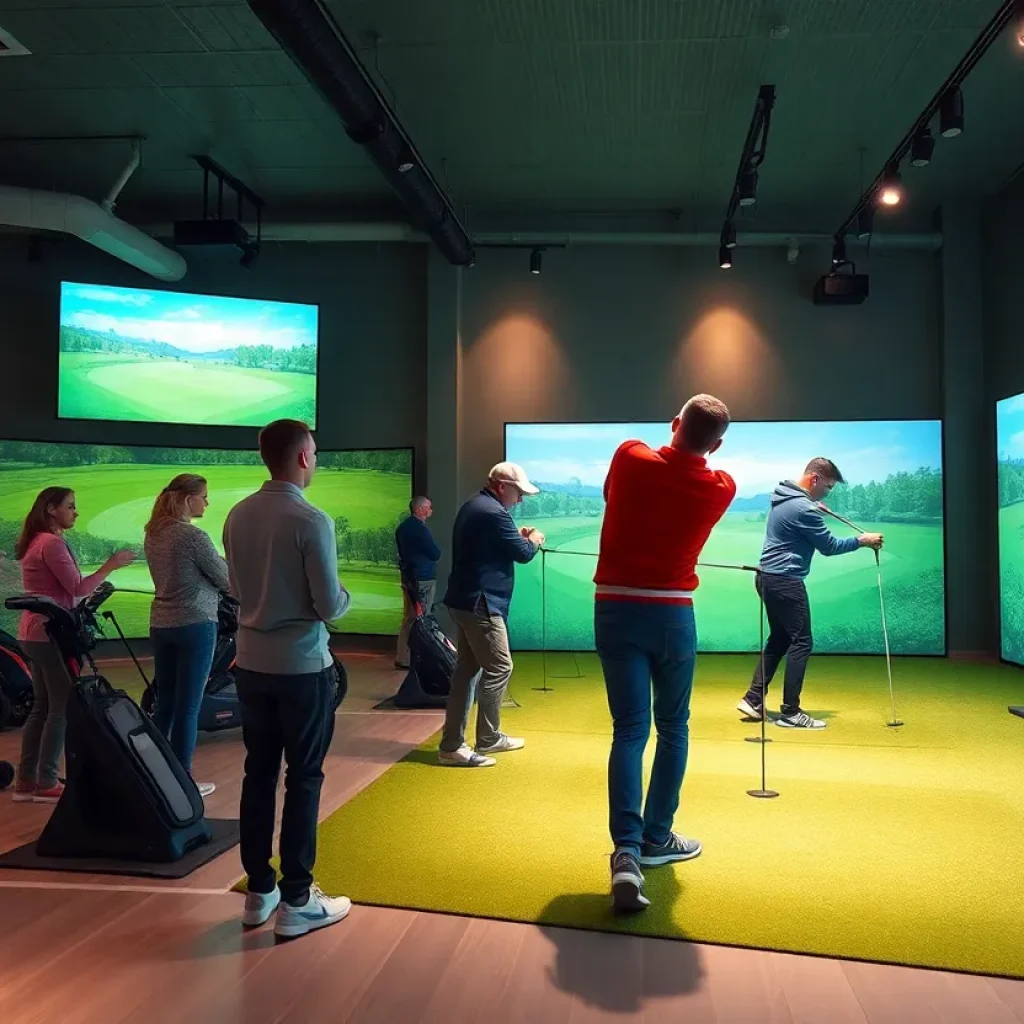 Golfers practicing in an indoor golf facility in Myrtle Beach