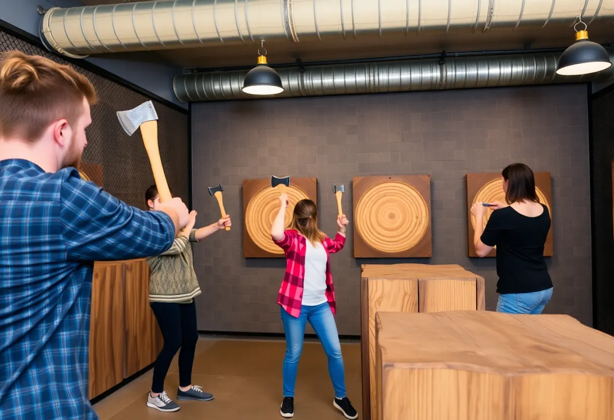 Axe throwing in action at a bright venue
