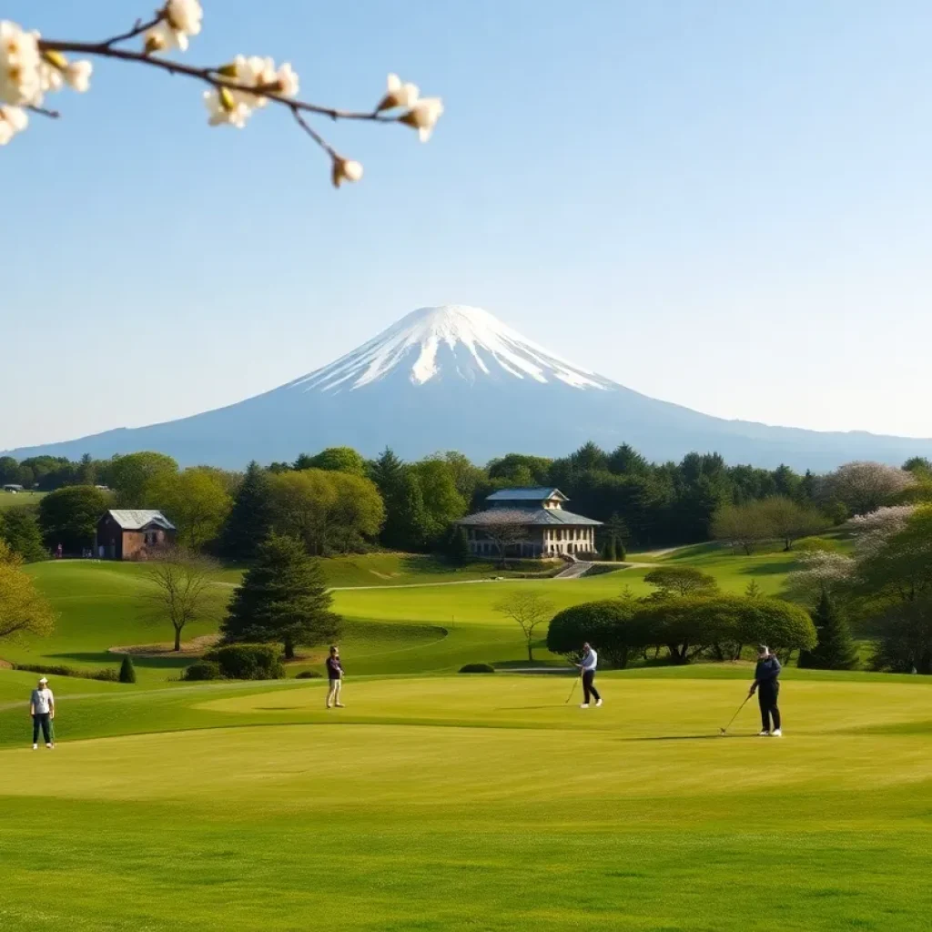 Golf course with cherry blossoms and Mount Fuji
