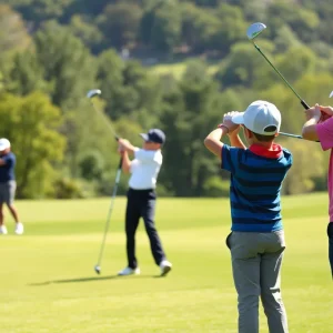 Junior golfers practicing on a scenic golf course