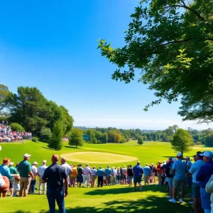 A picturesque golf course with fans cheering during a live golf event.