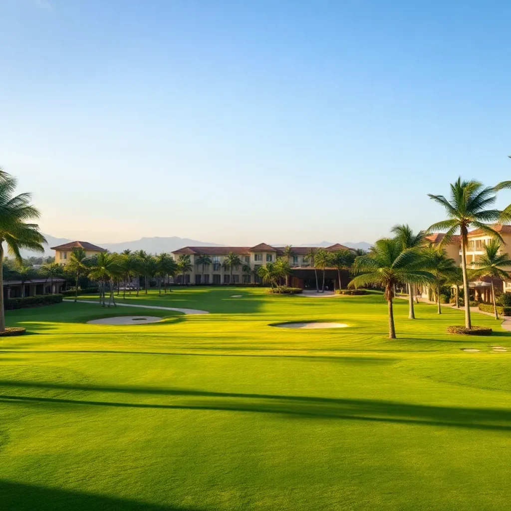 A scenic view of Mar-a-Lago with palm trees and golf courses