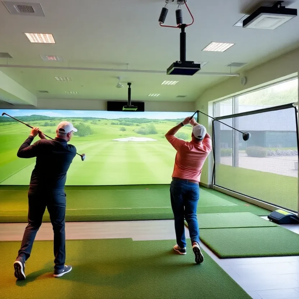 Interior of the Mashie Golf Institute showcasing golf simulators and driving bays.