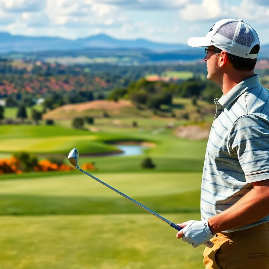 Traveler preparing for golf on scenic course