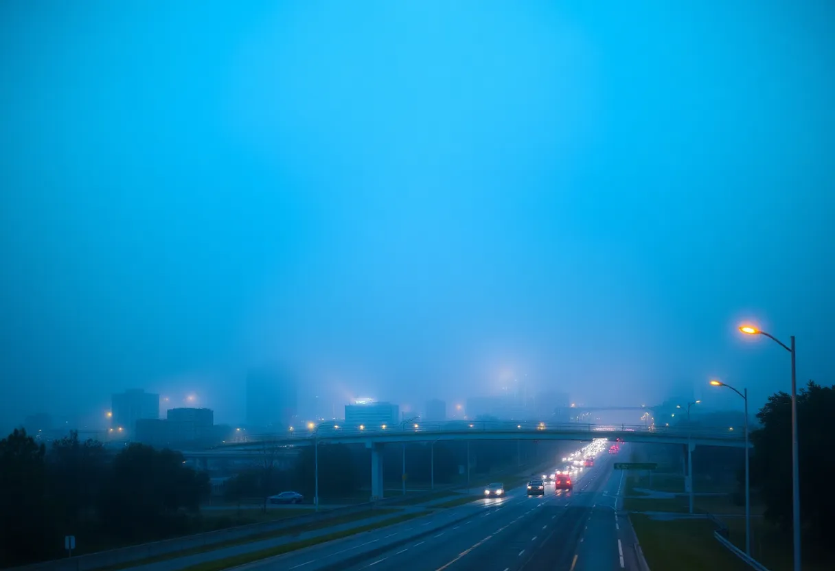 Dense fog covering Myrtle Beach in the evening