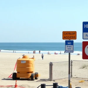 Construction work at Myrtle Beach with beach access signs.
