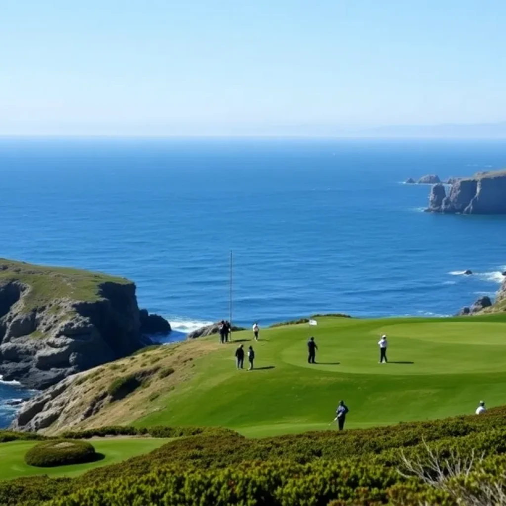 Scenic view of Pebble Beach golf course with golfers in action