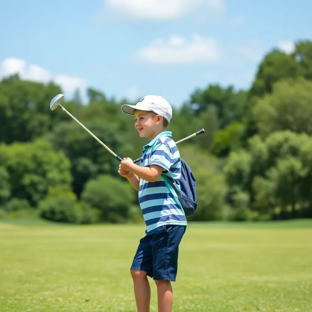 Two siblings playing golf on a sunny day at a beautiful golf course.