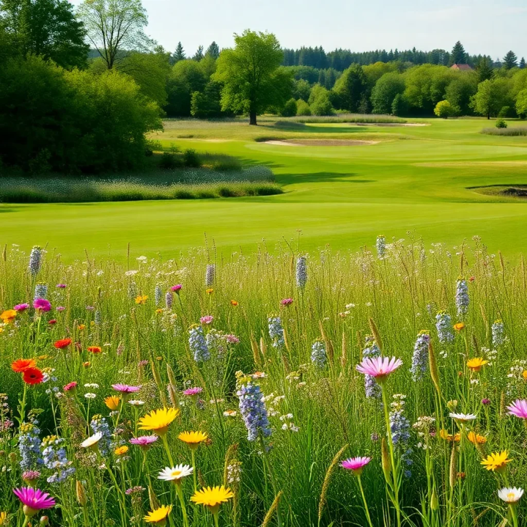 Aerial view of a rewilded former golf course with vibrant nature.