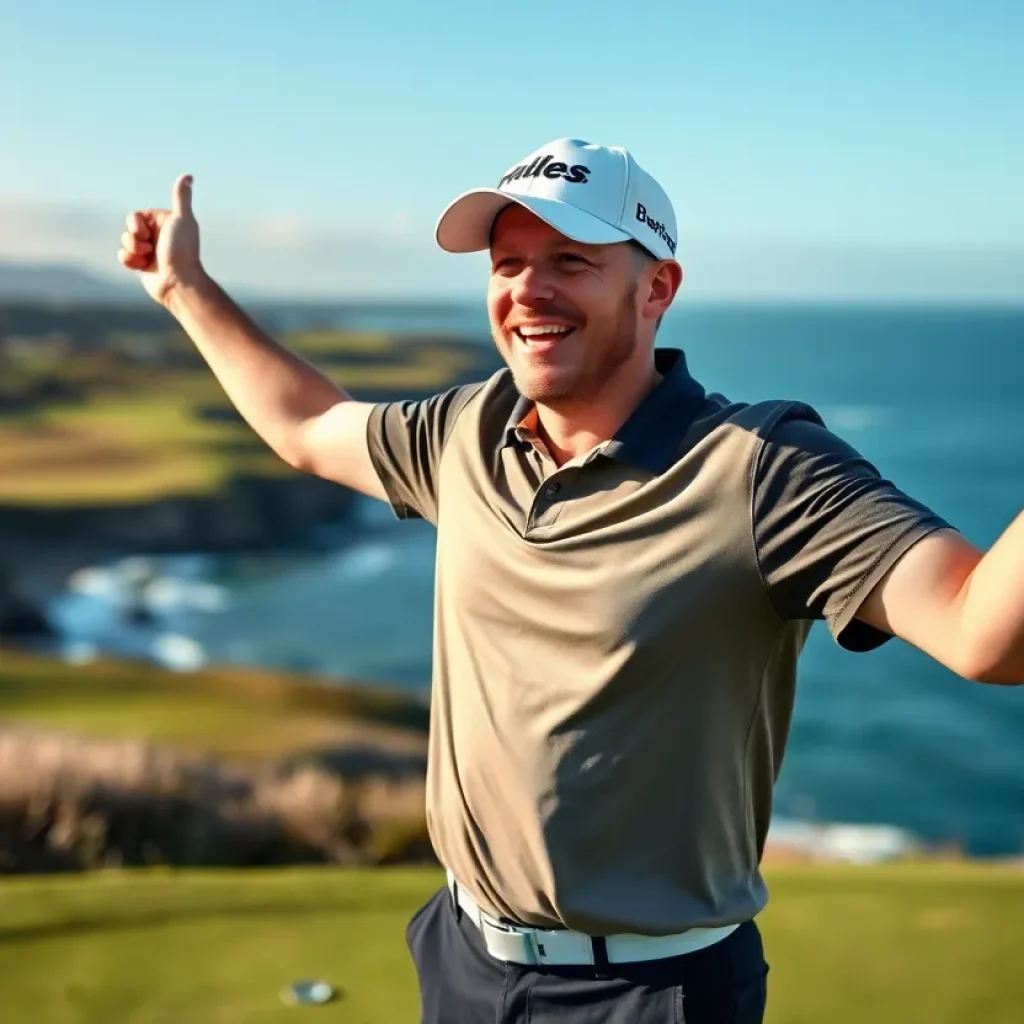 Golfer celebrating victory with a beautiful golf course backdrop