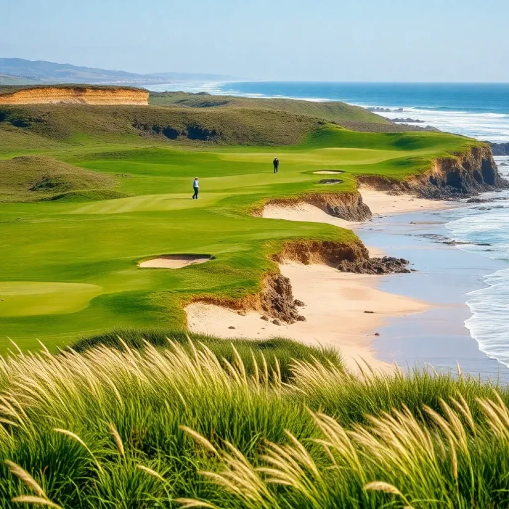 Golfers playing at a coastal links golf course