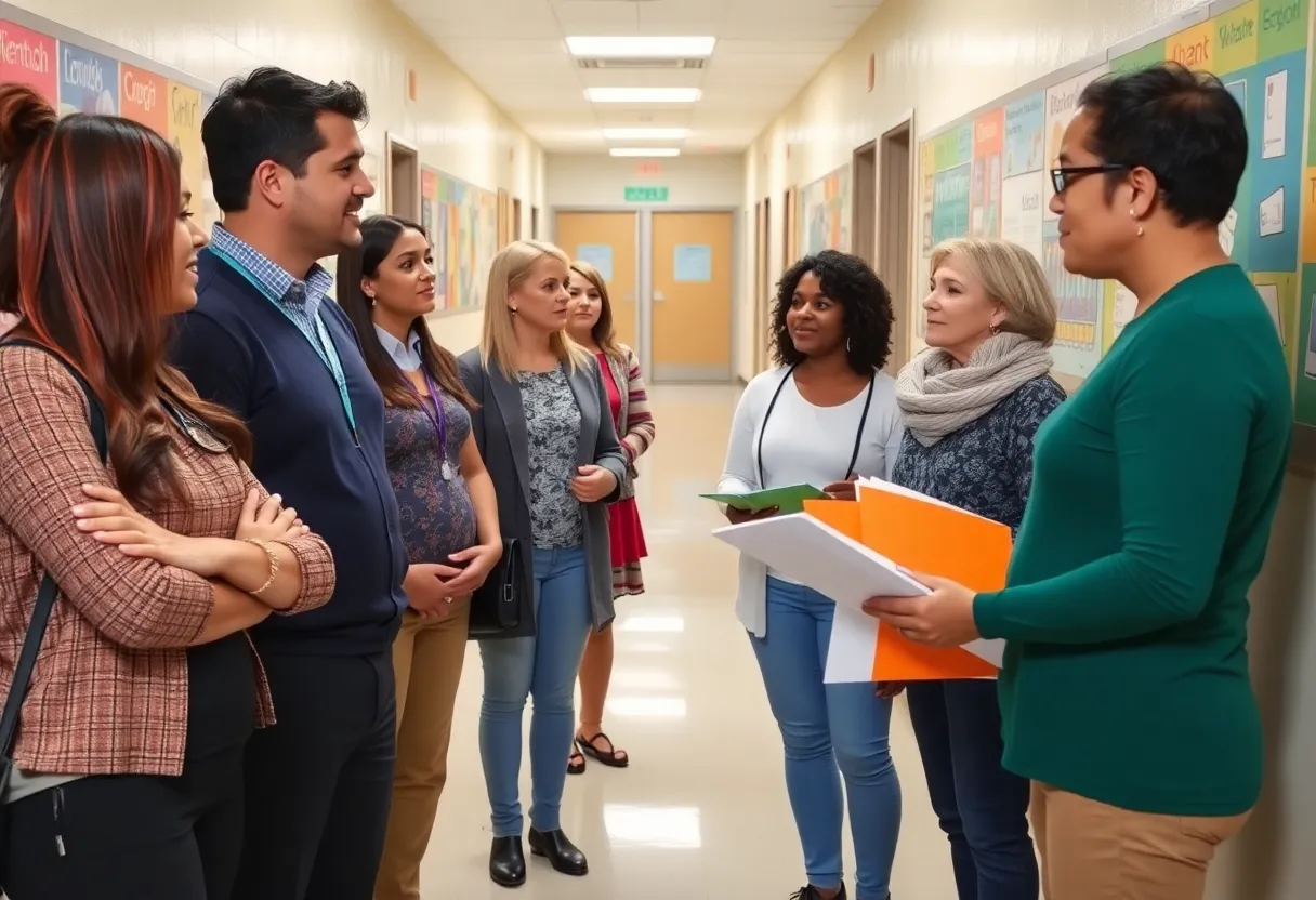 Teachers discussing ICE compliance guidance in a school