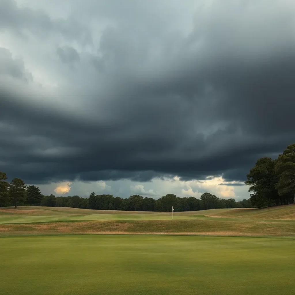Picture of a tranquil golf course fairway under dark clouds, symbolizing a tragic event.