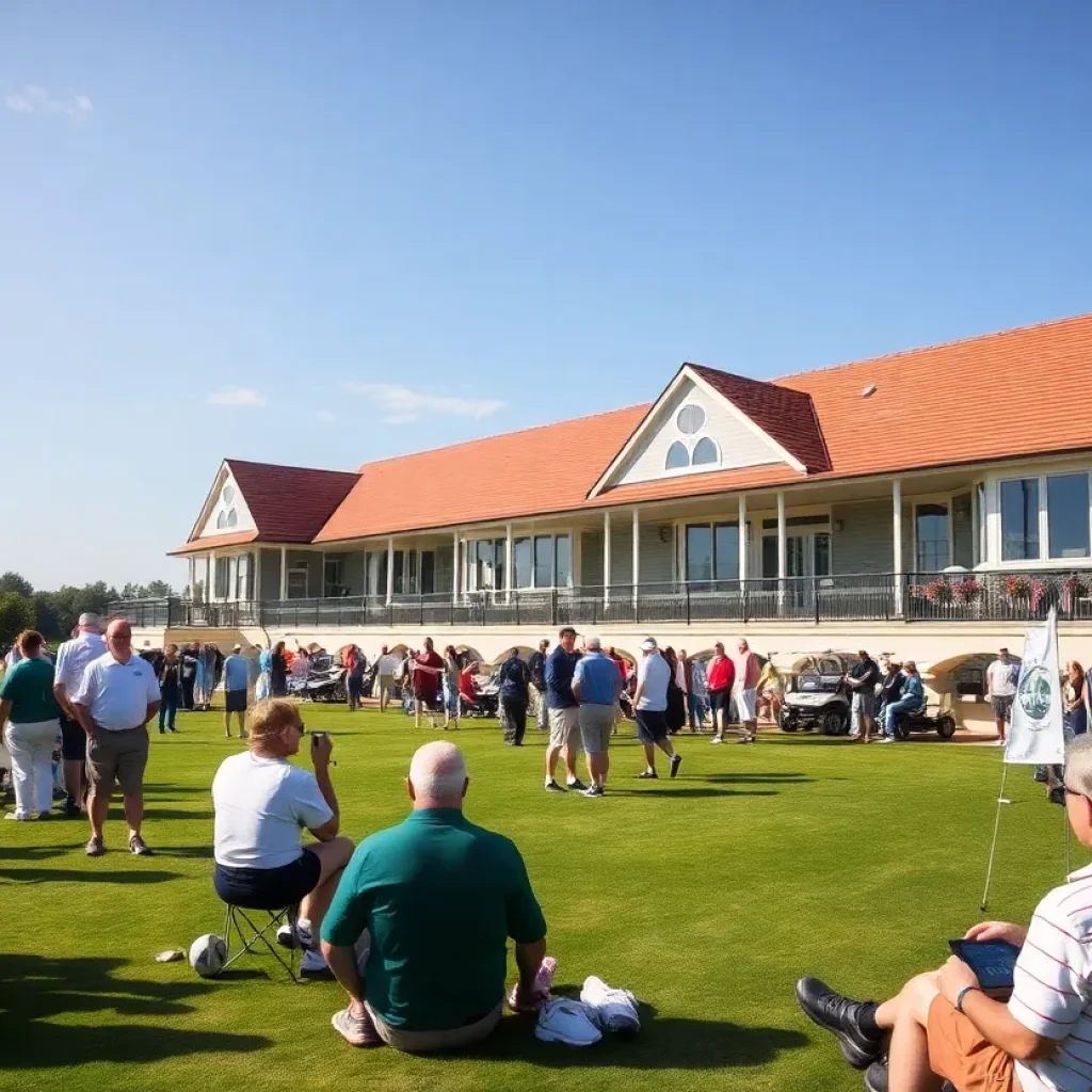 People enjoying festivities at a golf club during Super Bowl weekend.