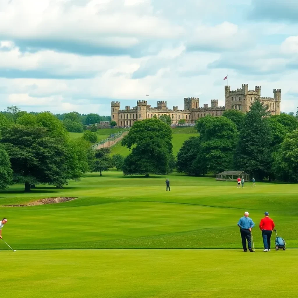 A picturesque UK golf course surrounded by greenery and a castle in the background.