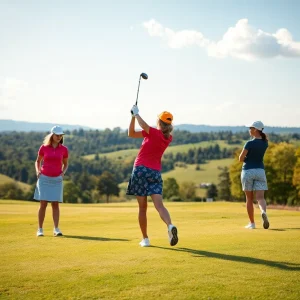 Women playing golf in a picturesque setting