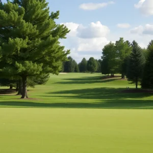 Close up view of a stunning golf course with vibrant green grass and clear blue skies.