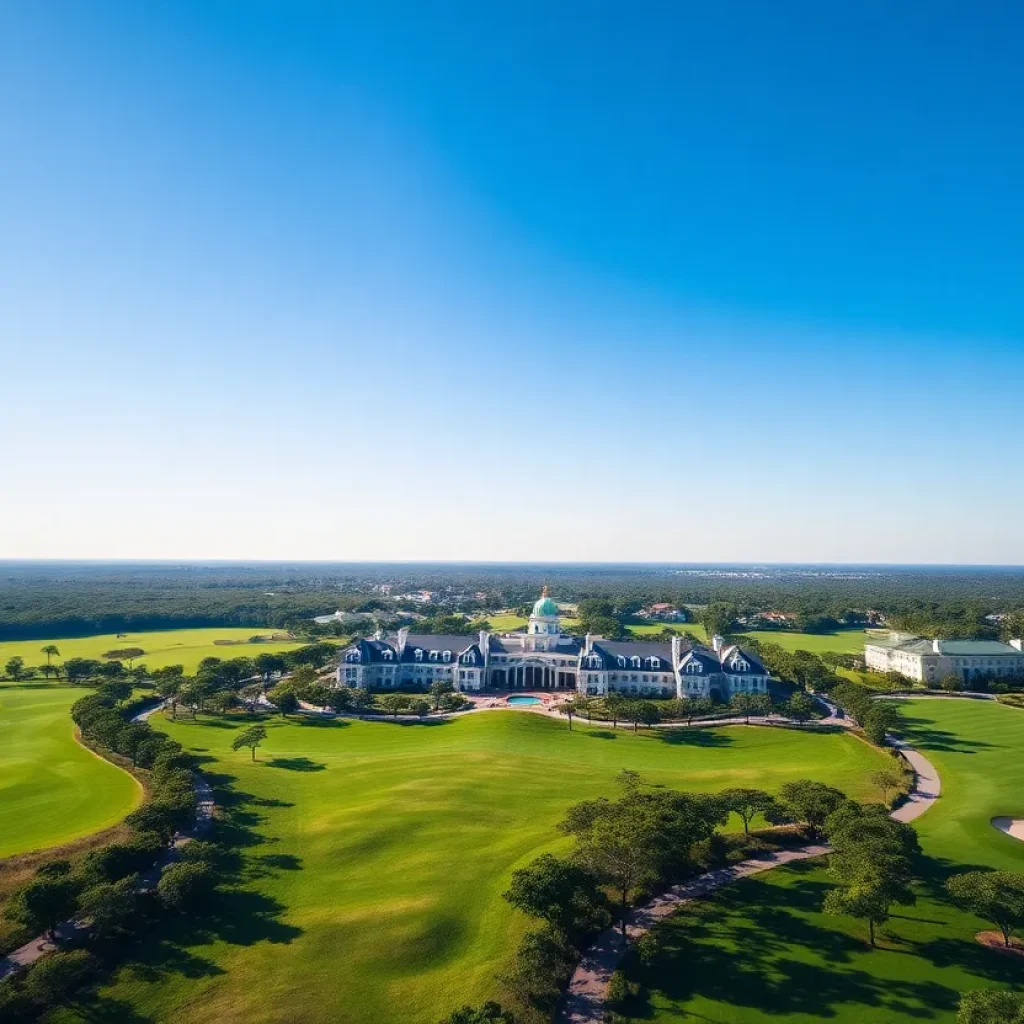 Aerial view of PGA National Resort and Spa showcasing golf courses and landscaping.