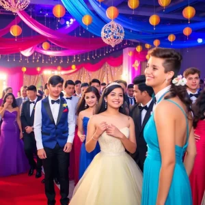 Guests enjoying the Shine Prom with smiles and colorful decorations