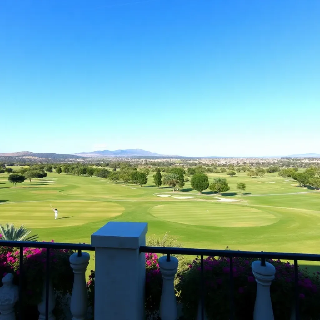 A scenic view of golf courses at Sotogrande during winter with sunny weather.
