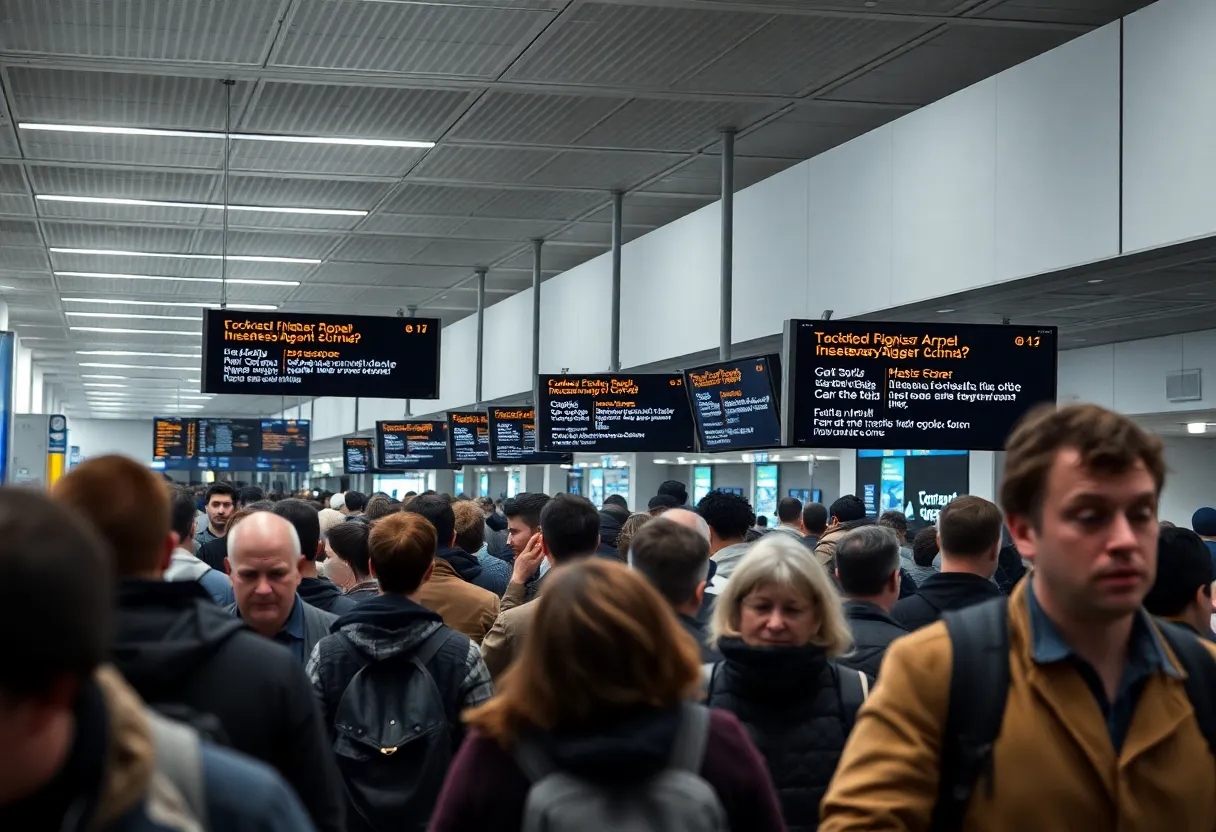 Long queues at an airport with error screens due to a major tech glitch