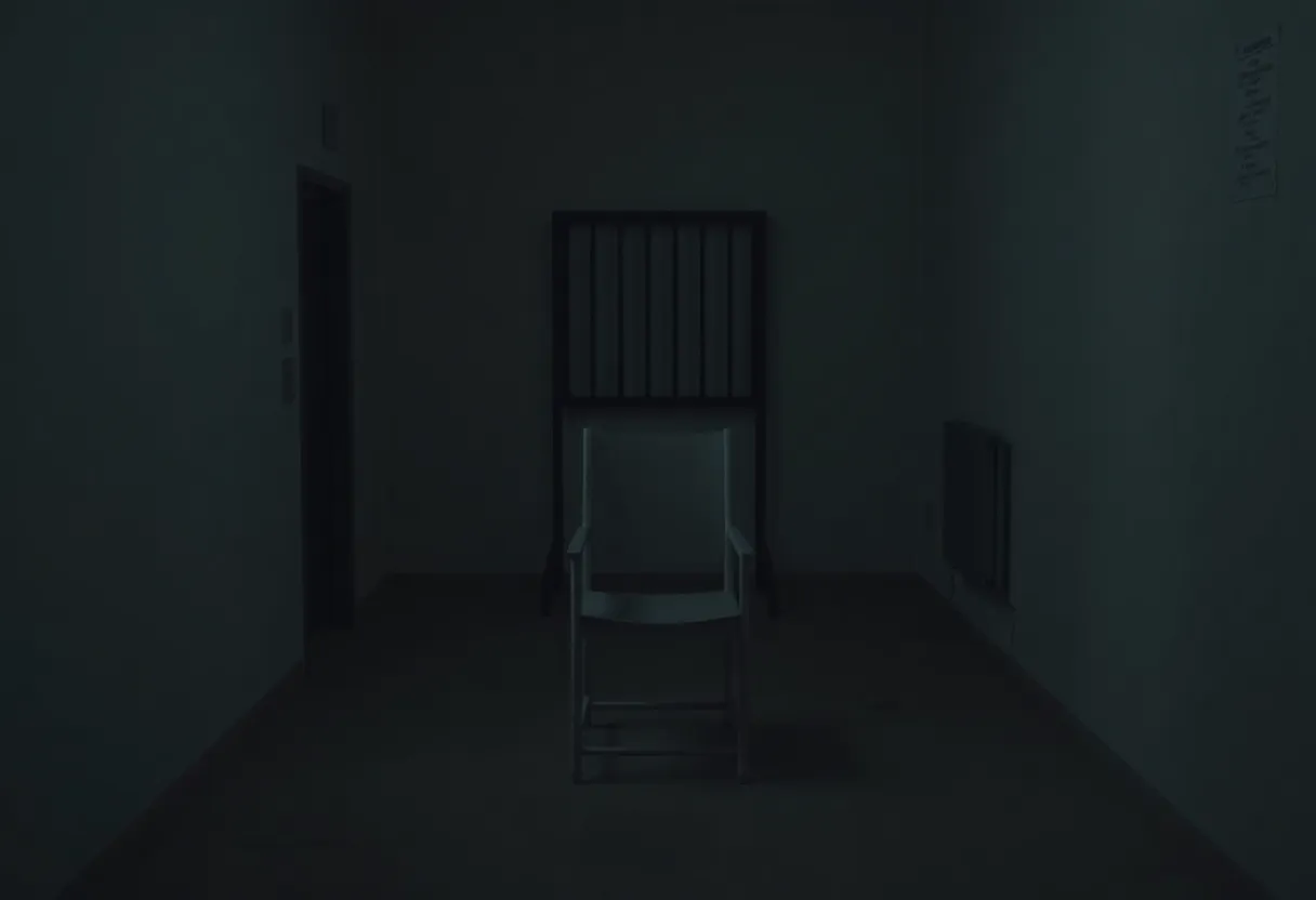 A view of an execution chamber highlighting a metal chair.