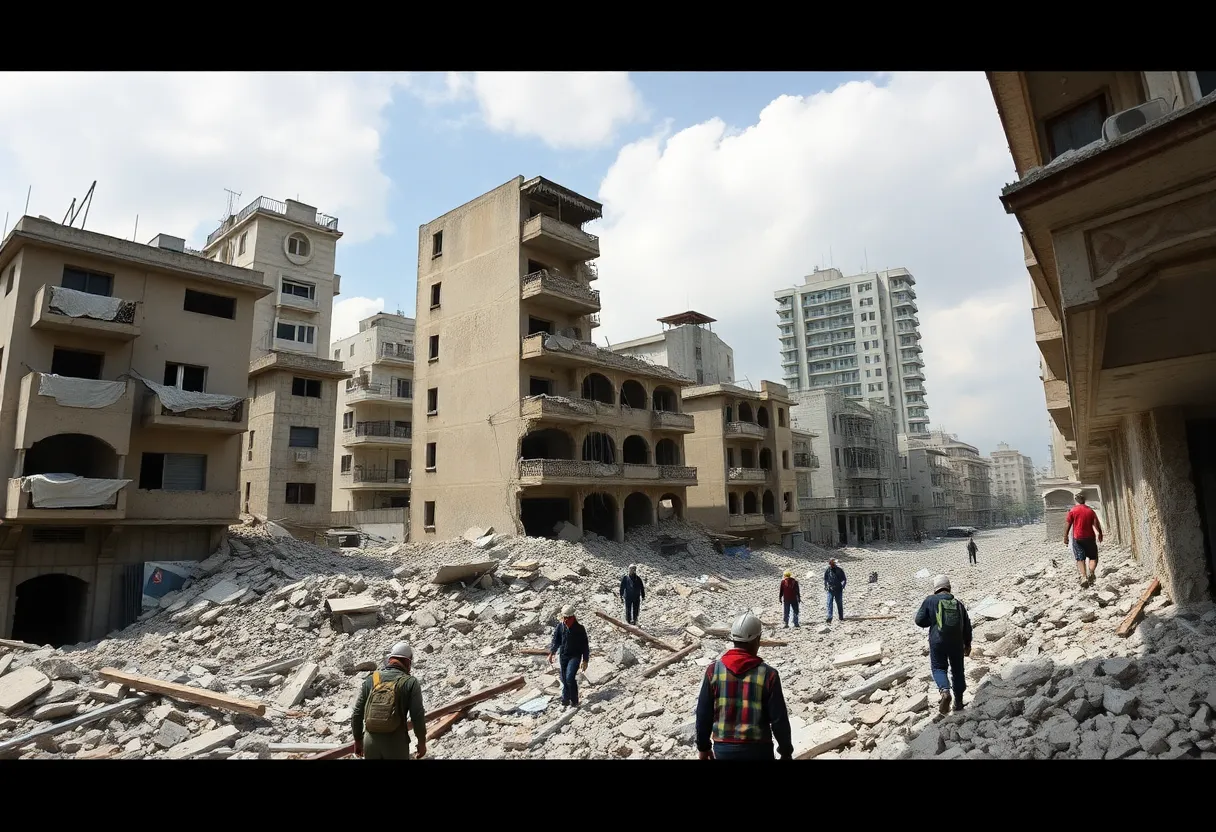 Collapsed buildings and rescue operation in Myanmar after earthquake.