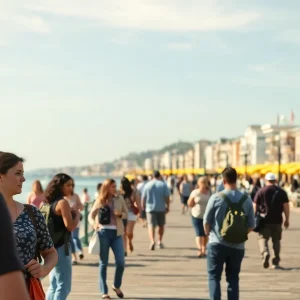 Myrtle Beach community members engaging in discussion with a coastal backdrop