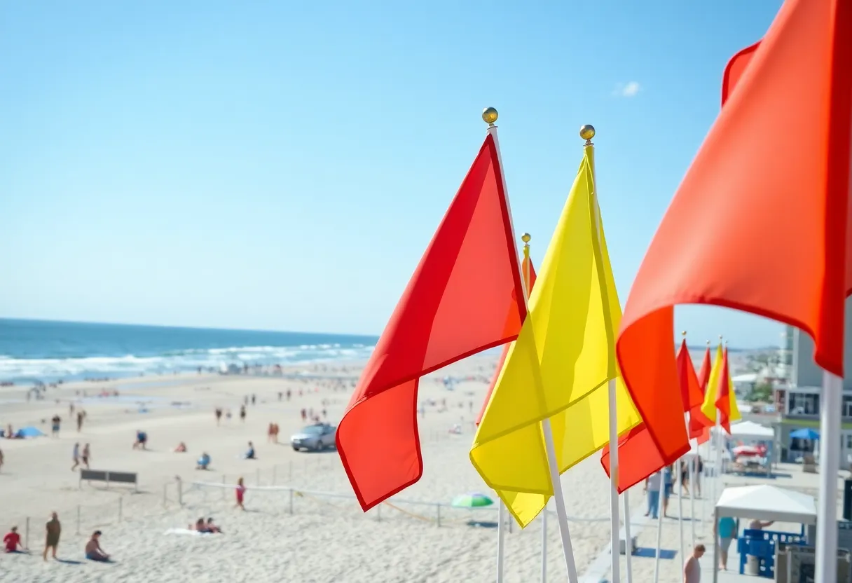 Colorful beach warning flags at Myrtle Beach signaling water conditions