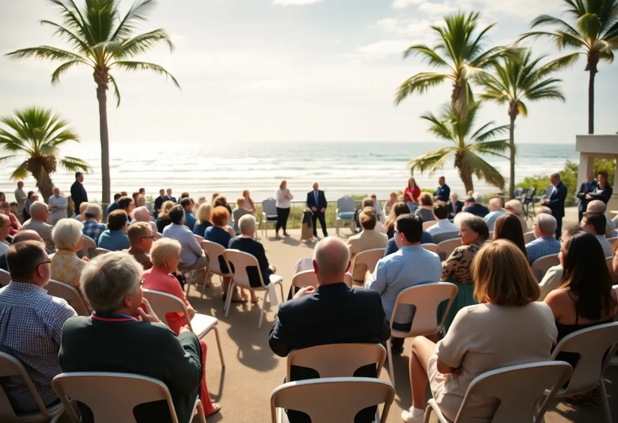 Community gathering at Myrtle Beach town hall with empty chairs