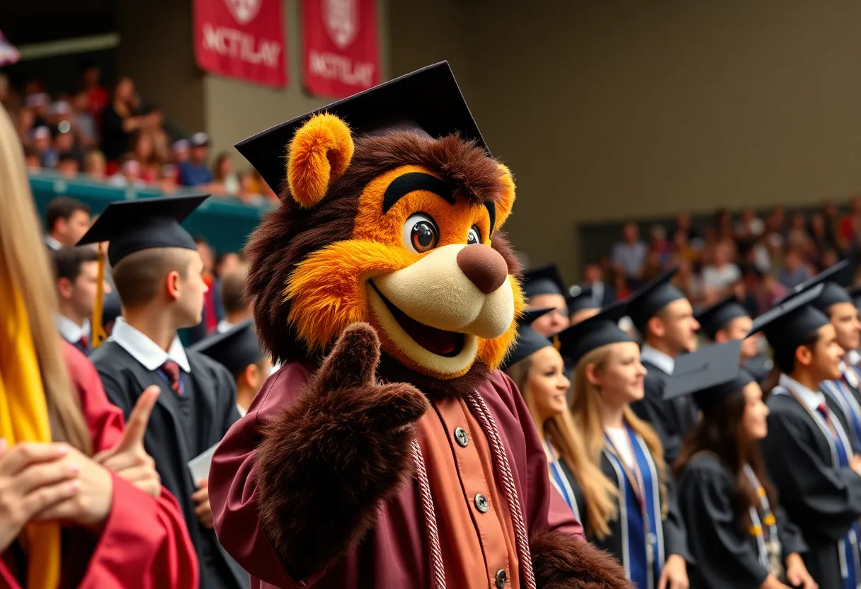 Graduation ceremony at Coastal Carolina University with mascot Chauncey interacting with fans.