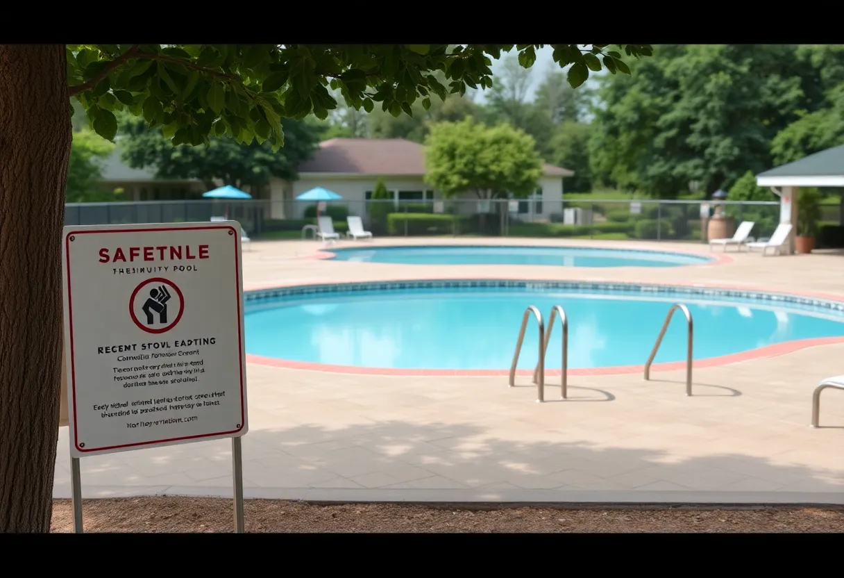Empty community pool with safety signs