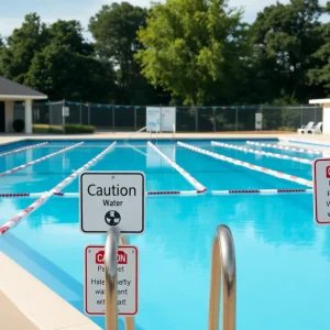 Swimming pool with safety signs emphasizing pool safety for children