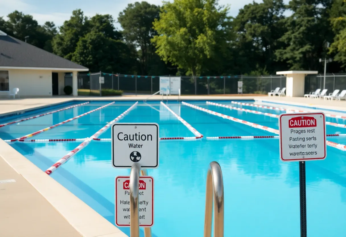 Swimming pool with safety signs emphasizing pool safety for children