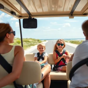 Family riding safely in a golf cart at Myrtle Beach.
