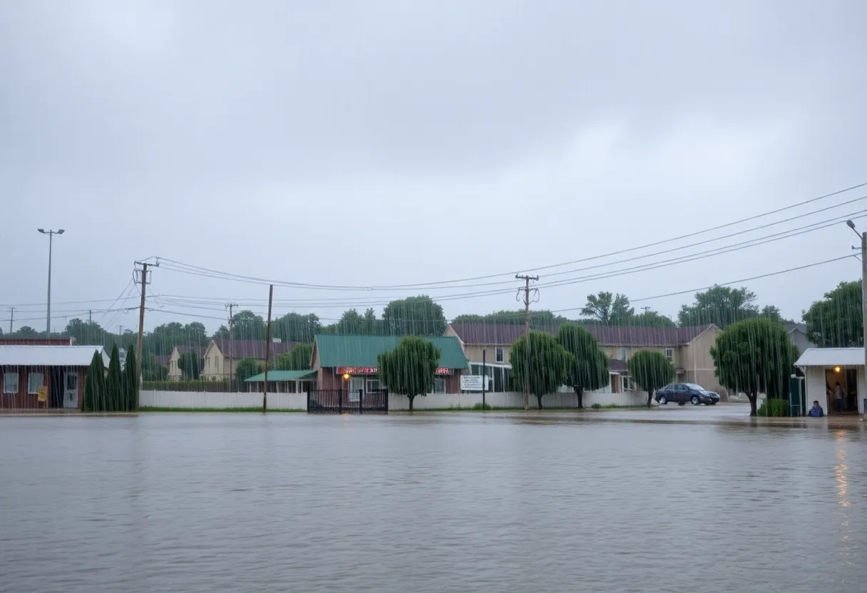 Flooded street in urban Southeast U.S. due to heavy rainfall from atmospheric river.