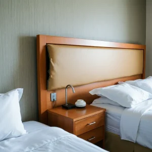 A hotel room showing an insecure headboard