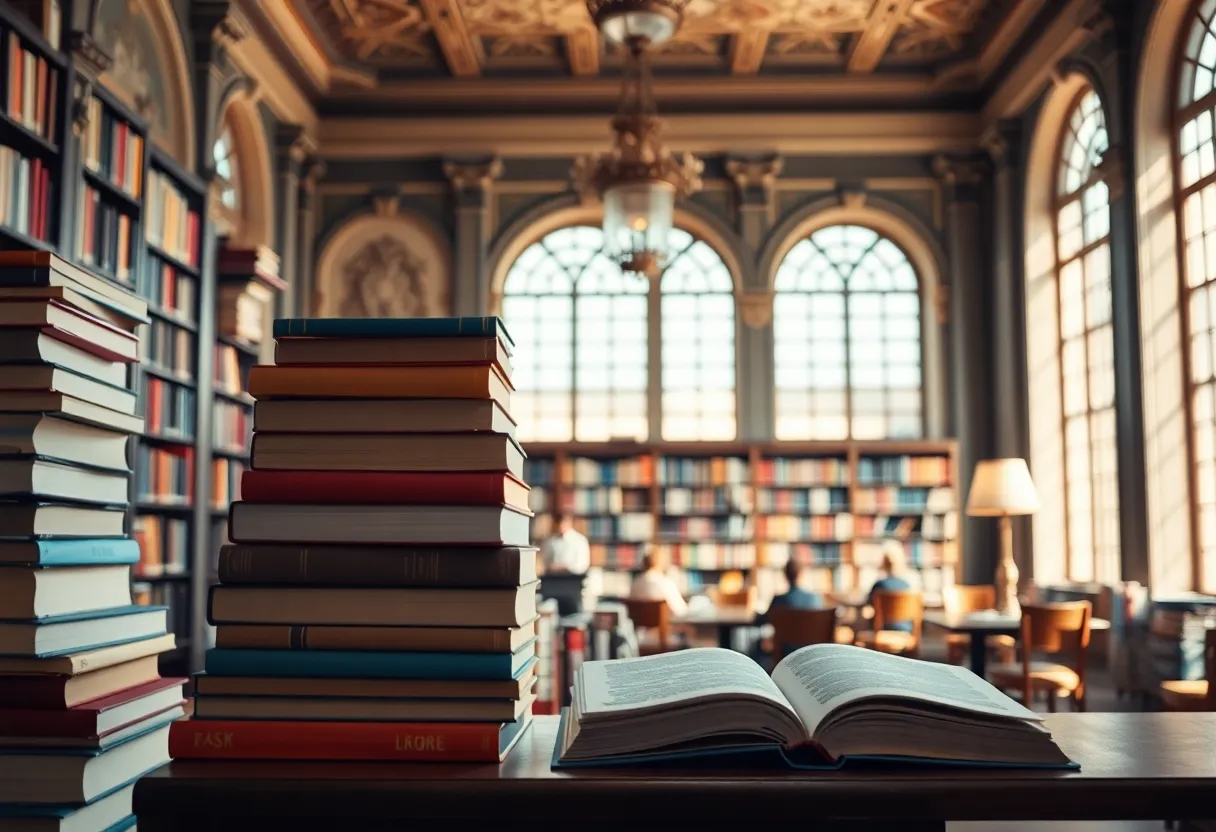 Interior view of a library showcasing books and reading areas.