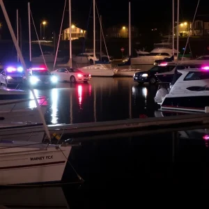 Police vehicles at Little River marina after a mass shooting