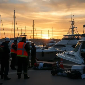 Emergency responders at a marina during a shooting incident