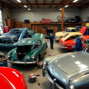 A view of a bustling car restoration workshop with classic cars and mechanics at work.