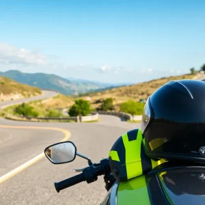 Motorcycle safety gear on a scenic road