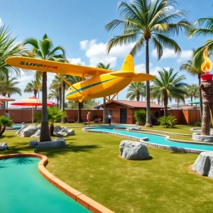 Mini golf course at Mulligan's Lagoon featuring a surfer theme