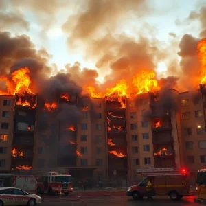 Flames engulfing the Atlantic Sands apartment complex in Myrtle Beach