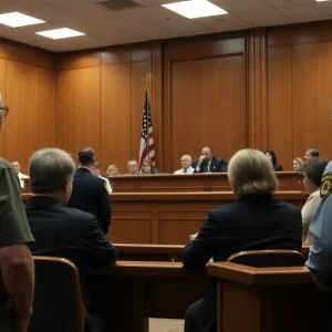 Courtroom scene during bond hearing for attempted murder suspects in Myrtle Beach.