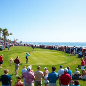 Golfers playing in rainy conditions at Myrtle Beach Classic