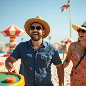 A lively scene from the Myrtle Beach music video featuring comedians participating in fun vacation activities.