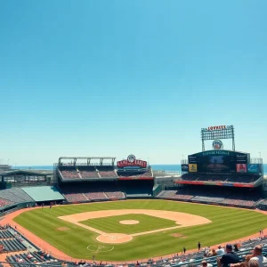 Baseball stadium of the Myrtle Beach Pelicans filled with fans on a sunny day