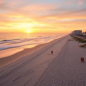 Scenic view of Myrtle Beach with families enjoying activities on the beach.